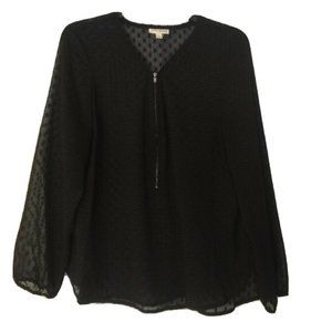 Maison Jules Black Sheer Dot Zipper Blouse Top